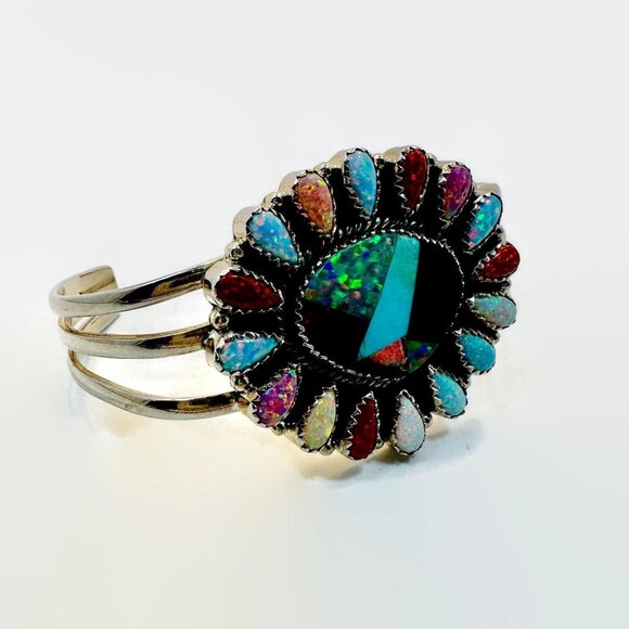 Opal Bracelet Vintage Sterling Silver Cuff Turquoise Onyx Inlay Southwestern - Picture 3 of 6